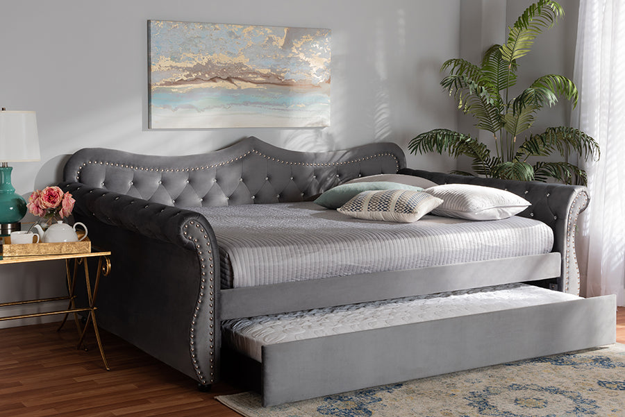 Baxton Studio Abbie Traditional and Transitional Grey Velvet Fabric Upholstered and Crystal Tufted Queen Size Daybed with Trundle