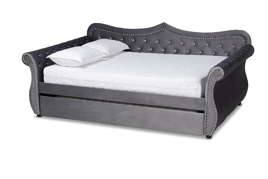 Baxton Studio Abbie Traditional and Transitional Grey Velvet Fabric Upholstered and Crystal Tufted Queen Size Daybed with Trundle