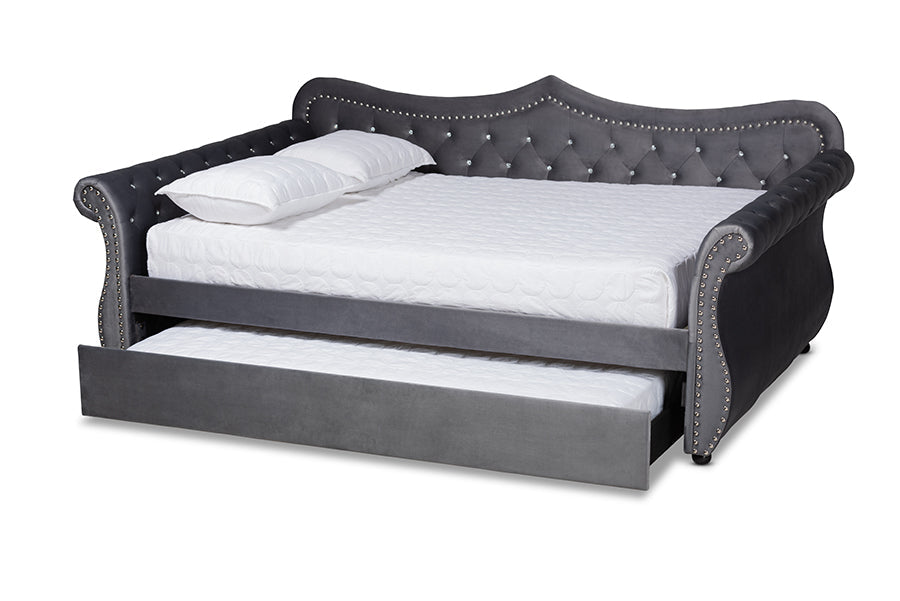 Baxton Studio Abbie Traditional and Transitional Grey Velvet Fabric Upholstered and Crystal Tufted Queen Size Daybed with Trundle