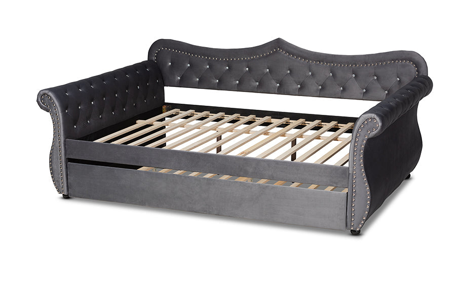 Baxton Studio Abbie Traditional and Transitional Grey Velvet Fabric Upholstered and Crystal Tufted Queen Size Daybed with Trundle