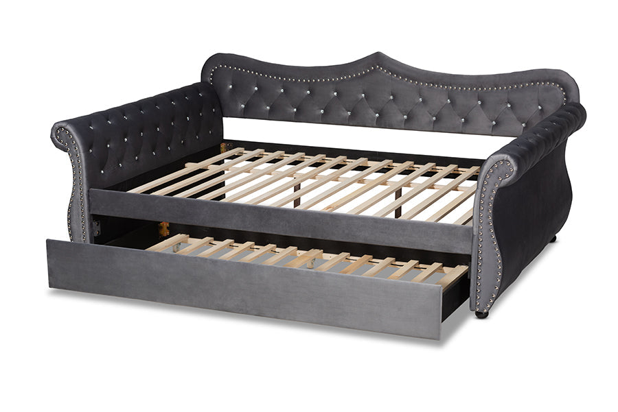 Baxton Studio Abbie Traditional and Transitional Grey Velvet Fabric Upholstered and Crystal Tufted Queen Size Daybed with Trundle