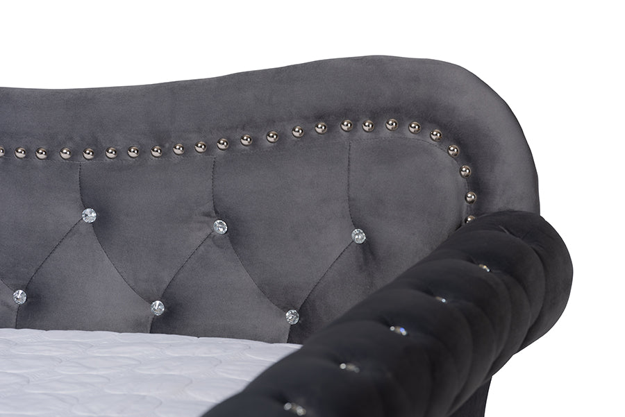 Baxton Studio Abbie Traditional and Transitional Grey Velvet Fabric Upholstered and Crystal Tufted Queen Size Daybed with Trundle