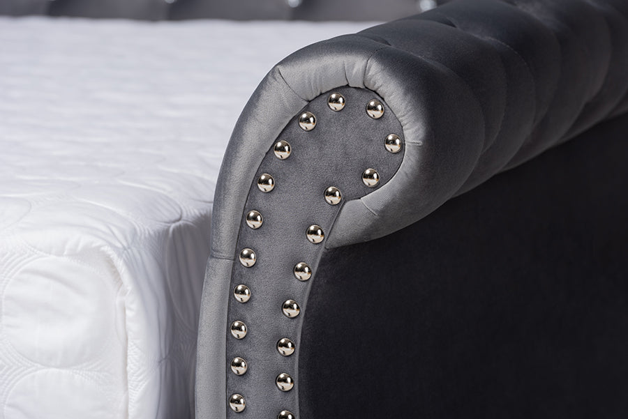 Baxton Studio Abbie Traditional and Transitional Grey Velvet Fabric Upholstered and Crystal Tufted Queen Size Daybed with Trundle