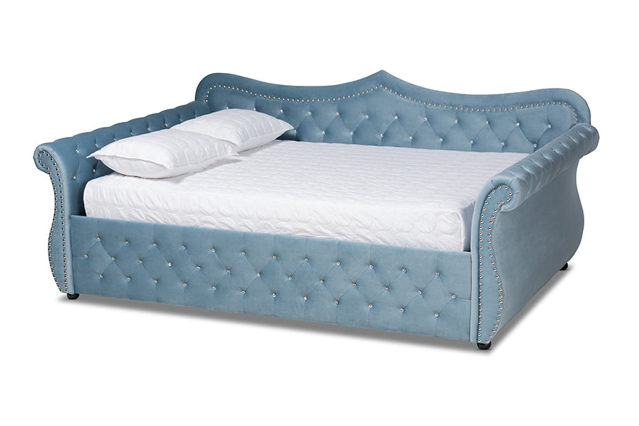 Baxton Studio Abbie Traditional and Transitional Light Blue Velvet Fabric Upholstered and Crystal Tufted Full Size Daybed