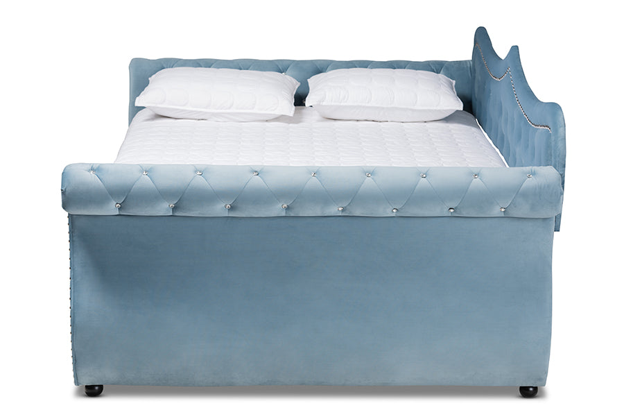 Baxton Studio Abbie Traditional and Transitional Light Blue Velvet Fabric Upholstered and Crystal Tufted Full Size Daybed
