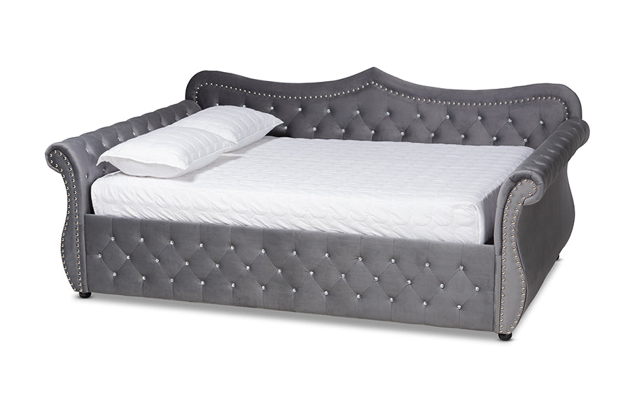 Baxton Studio Abbie Traditional and Transitional Grey Velvet Fabric Upholstered and Crystal Tufted Full Size Daybed