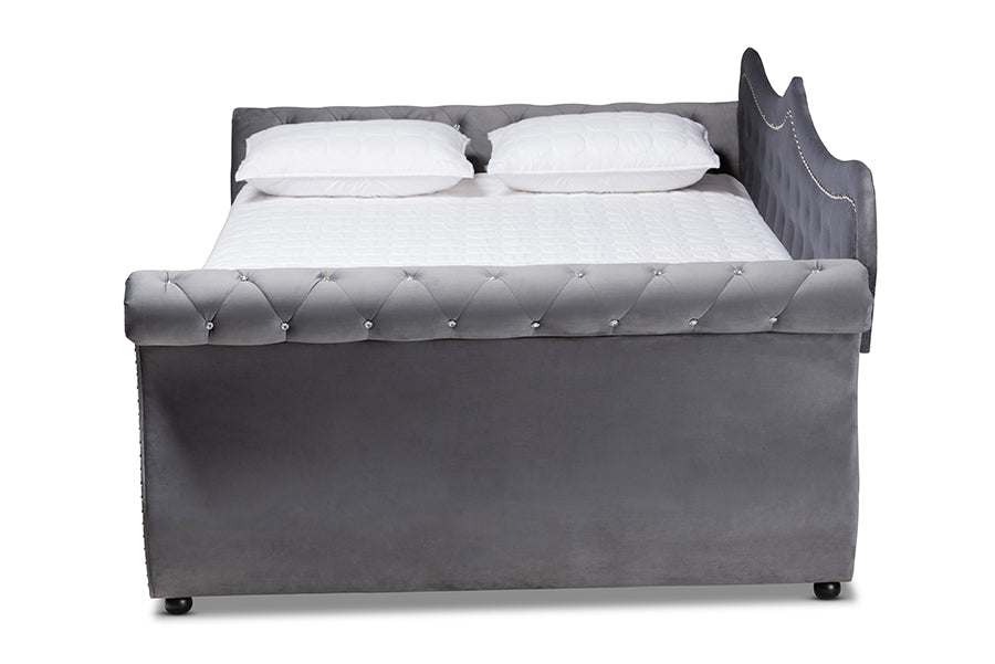 Baxton Studio Abbie Traditional and Transitional Grey Velvet Fabric Upholstered and Crystal Tufted Queen Size Daybed