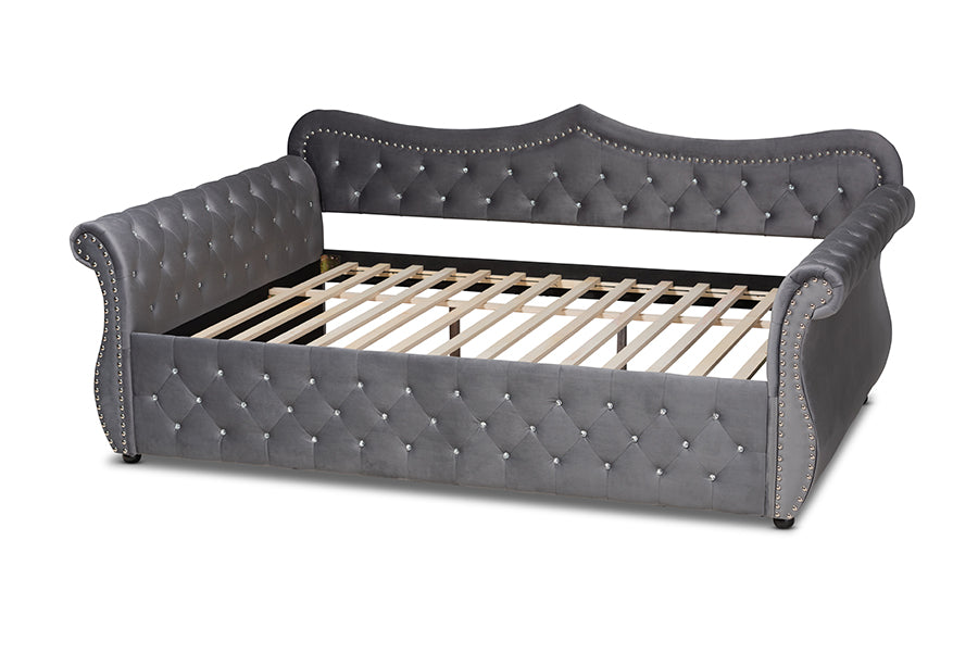 Baxton Studio Abbie Traditional and Transitional Grey Velvet Fabric Upholstered and Crystal Tufted Full Size Daybed