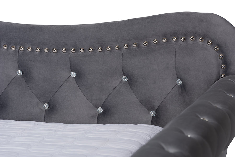Baxton Studio Abbie Traditional and Transitional Grey Velvet Fabric Upholstered and Crystal Tufted Queen Size Daybed