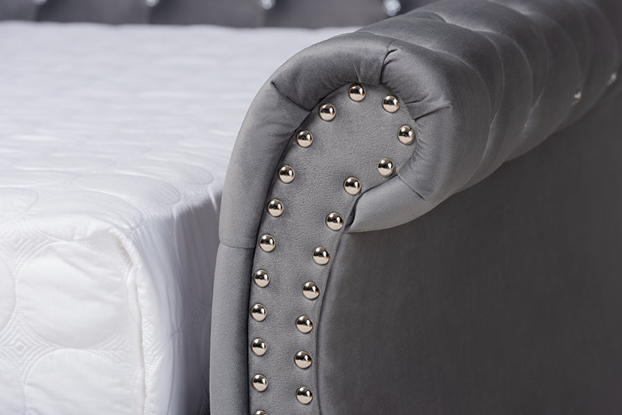 Baxton Studio Abbie Traditional and Transitional Grey Velvet Fabric Upholstered and Crystal Tufted Full Size Daybed