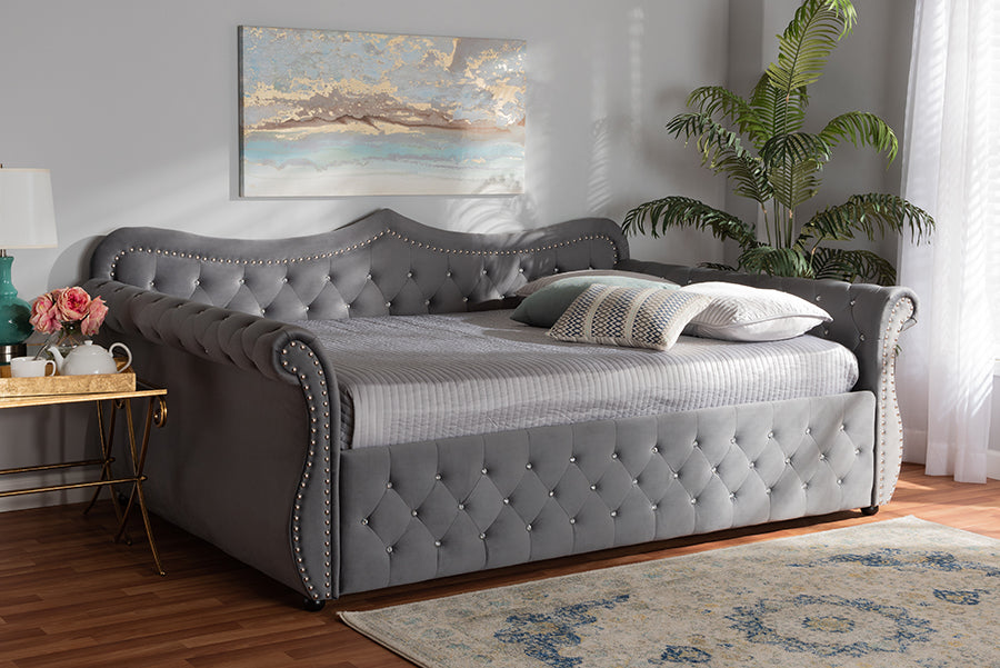 Baxton Studio Abbie Traditional and Transitional Grey Velvet Fabric Upholstered and Crystal Tufted Full Size Daybed