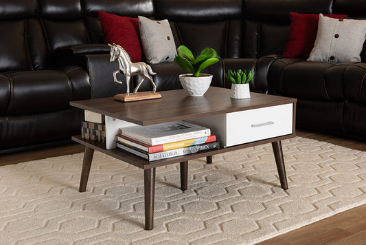 Baxton Studio Merlin Mid-Century Modern Two-Tone Walnut and White Finished 2-Drawer Wood Coffee Table
