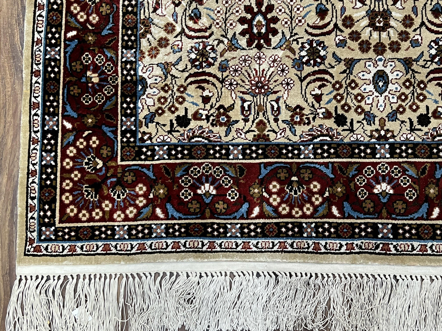 Fine Sino-Persian Silk Rug 3x5, High Quality Silk Carpet, Handmade Small Silk Rug, Allover Repeated Motif, Tan Maroon Blue Vintage Silk Rug
