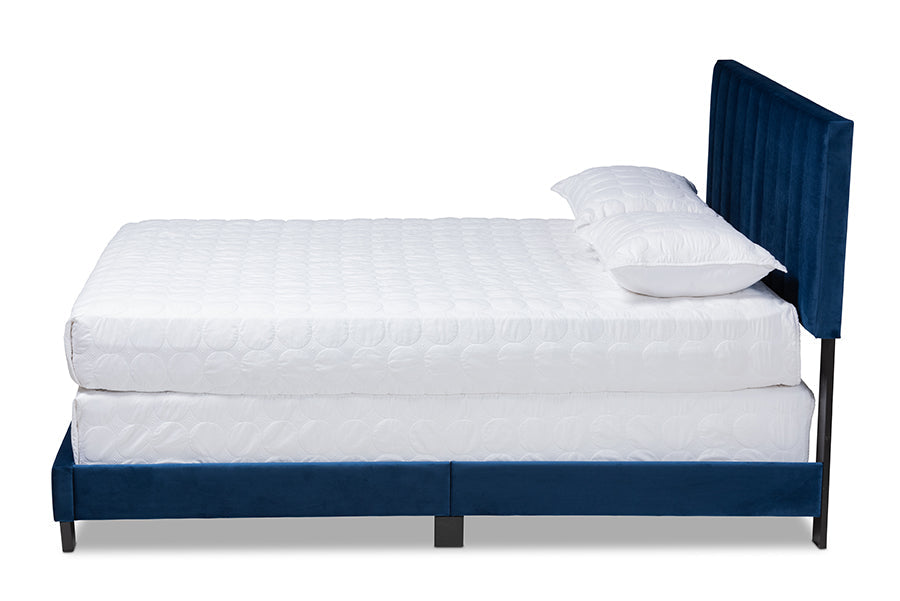 Baxton Studio Clare Glam and Luxe Navy Blue Velvet Fabric Upholstered Full Size Panel Bed with Channel Tufted Headboard
