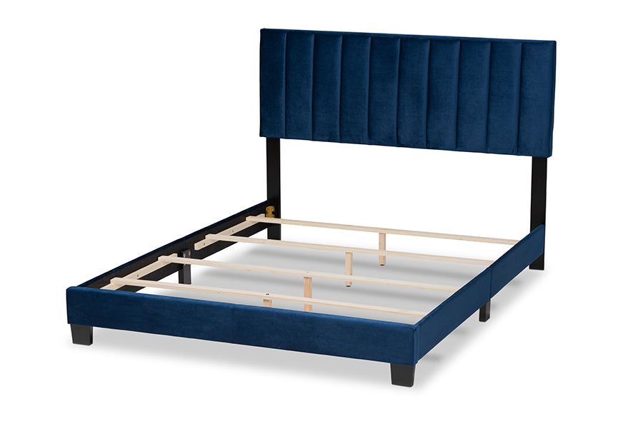 Baxton Studio Clare Glam and Luxe Navy Blue Velvet Fabric Upholstered King Size Panel Bed with Channel Tufted Headboard