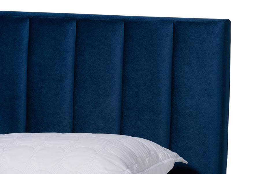 Baxton Studio Clare Glam and Luxe Navy Blue Velvet Fabric Upholstered King Size Panel Bed with Channel Tufted Headboard
