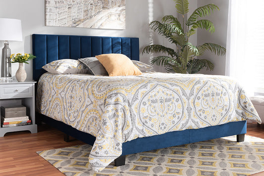 Baxton Studio Clare Glam and Luxe Navy Blue Velvet Fabric Upholstered Queen Size Panel Bed with Channel Tufted Headboard