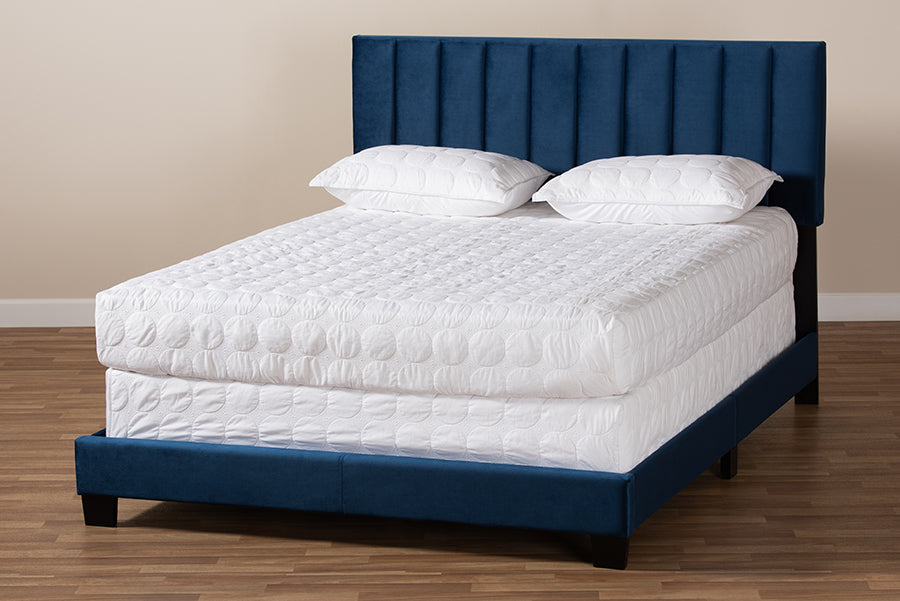 Baxton Studio Clare Glam and Luxe Navy Blue Velvet Fabric Upholstered King Size Panel Bed with Channel Tufted Headboard