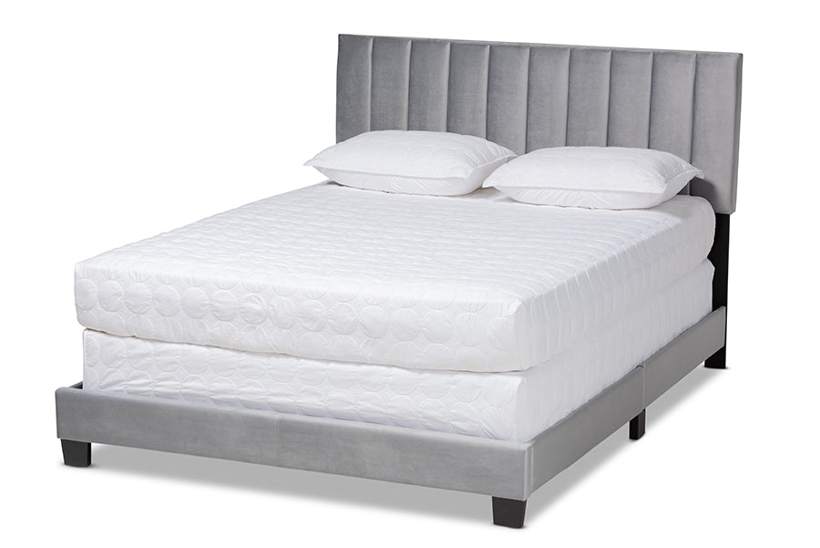 Baxton Studio Clare Glam and Luxe Grey Velvet Fabric Upholstered Full Size Panel Bed with Channel Tufted Headboard