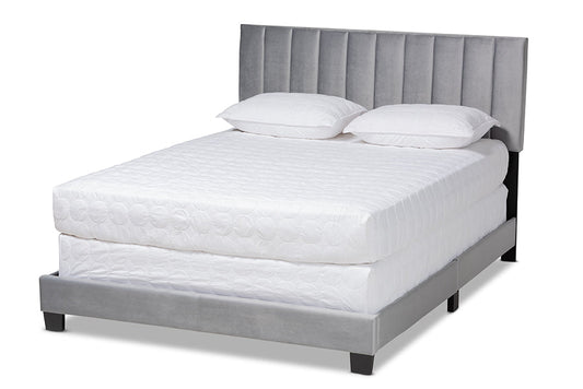 Baxton Studio Clare Glam and Luxe Grey Velvet Fabric Upholstered Full Size Panel Bed with Channel Tufted Headboard
