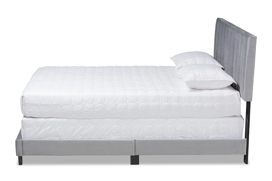 Baxton Studio Clare Glam and Luxe Grey Velvet Fabric Upholstered King Size Panel Bed with Channel Tufted Headboard