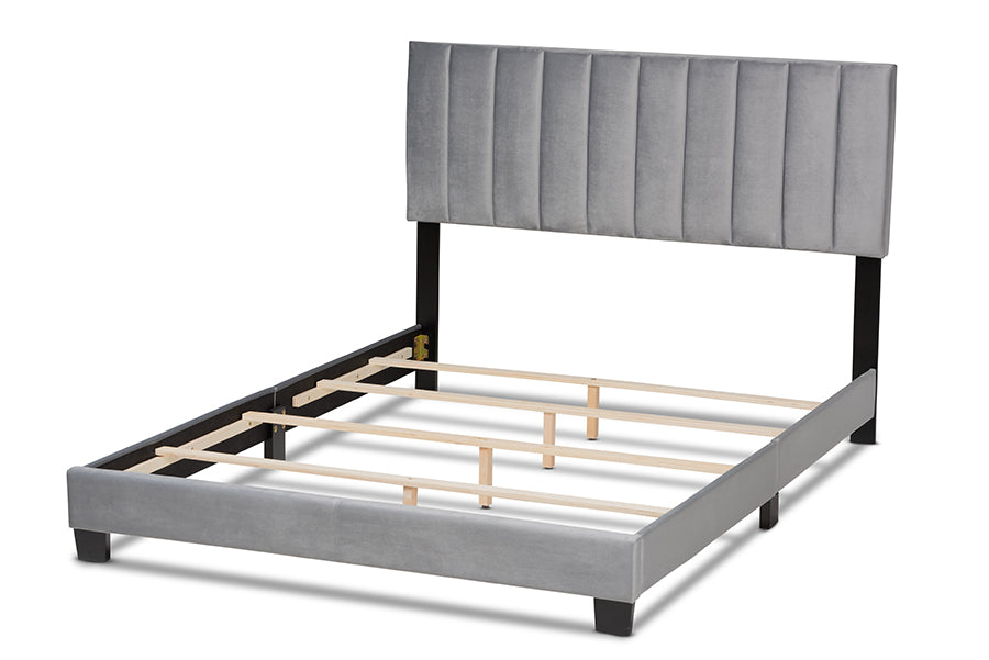 Baxton Studio Clare Glam and Luxe Grey Velvet Fabric Upholstered King Size Panel Bed with Channel Tufted Headboard
