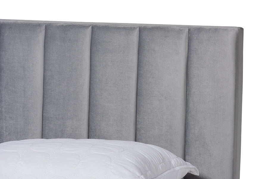 Baxton Studio Clare Glam and Luxe Grey Velvet Fabric Upholstered Full Size Panel Bed with Channel Tufted Headboard
