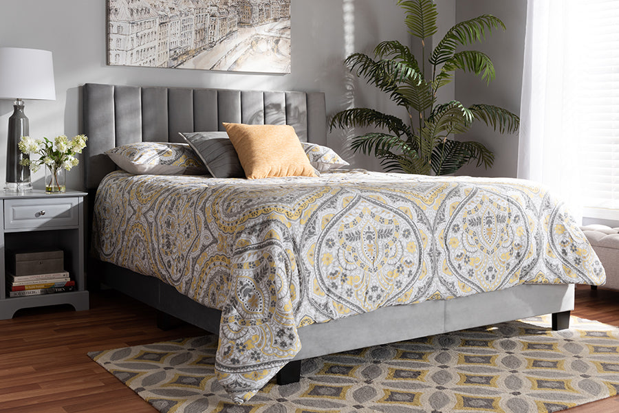 Baxton Studio Clare Glam and Luxe Grey Velvet Fabric Upholstered Full Size Panel Bed with Channel Tufted Headboard