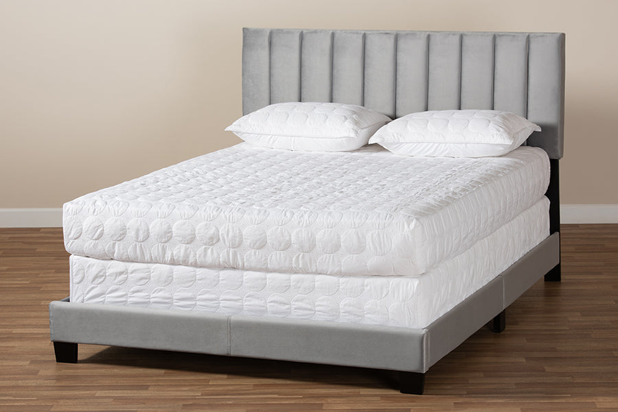 Baxton Studio Clare Glam and Luxe Grey Velvet Fabric Upholstered King Size Panel Bed with Channel Tufted Headboard