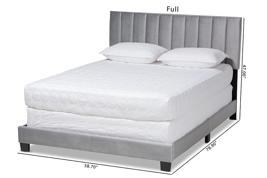 Baxton Studio Clare Glam and Luxe Grey Velvet Fabric Upholstered Full Size Panel Bed with Channel Tufted Headboard