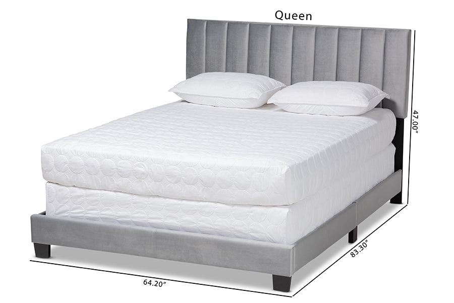 Baxton Studio Clare Glam and Luxe Grey Velvet Fabric Upholstered Full Size Panel Bed with Channel Tufted Headboard