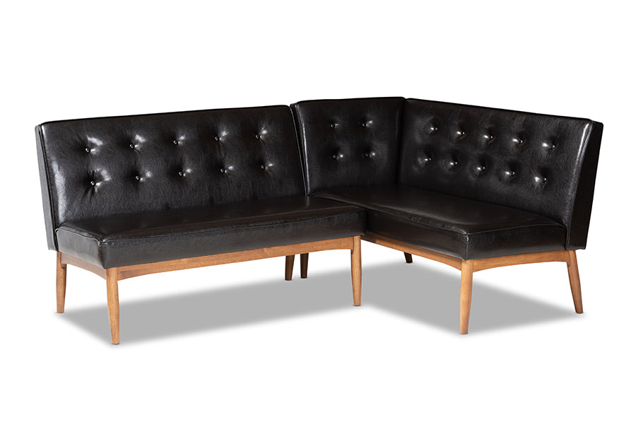Baxton Studio Arvid Mid-Century Modern Dark Brown Faux Leather Upholstered 2-Piece Wood Dining Nook Banquette Set