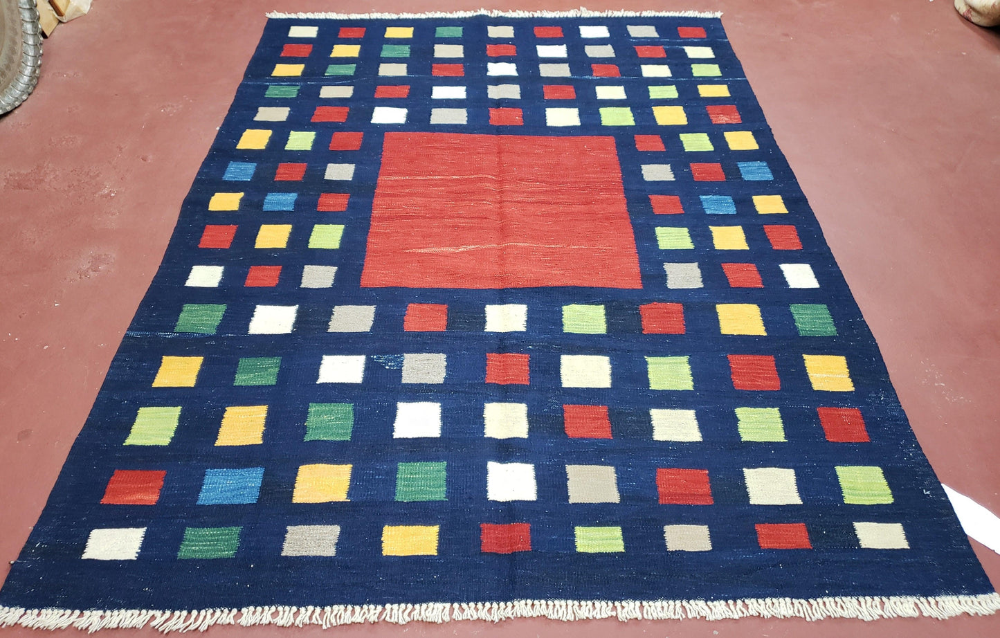 Turkish Kilim Rug 5x7 - 6x8, Checkerboard Kilim Carpet, Area Rug, New Playroom Rug, Colorful Multicolor Rug for Nursery Room, Dark Blue Red