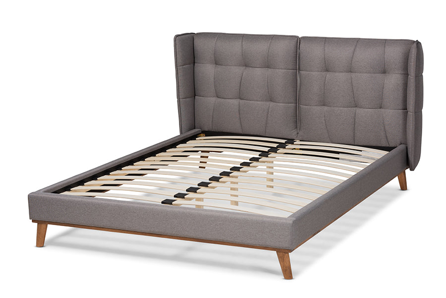 Baxton Studio Gretchen Modern and Contemporary Grey Fabric Upholstered and Walnut Brown Finished Wood Queen Size Platform Wingback Bed