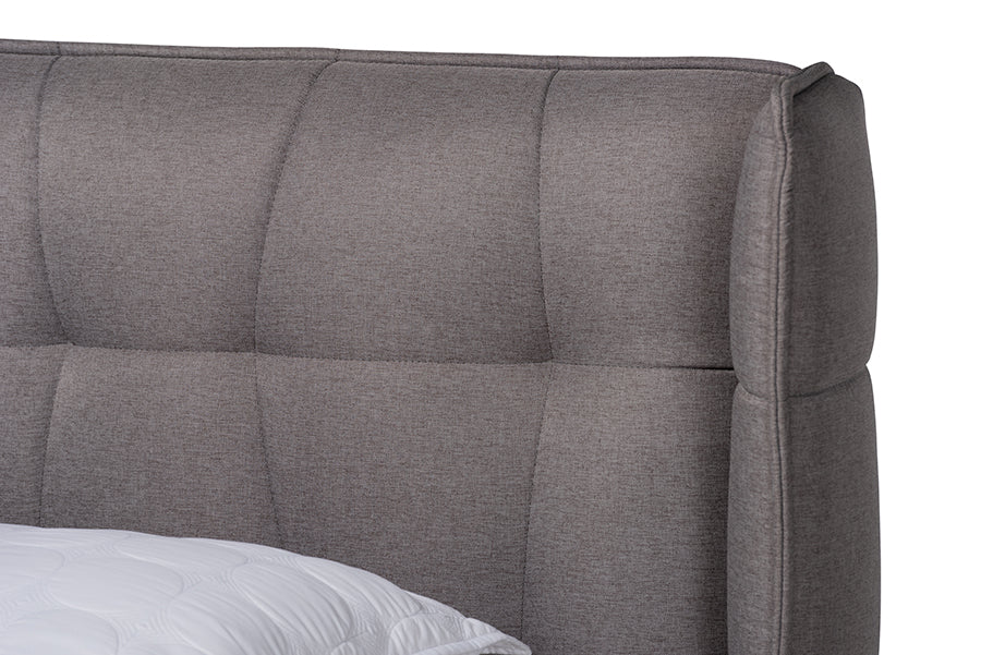 Baxton Studio Gretchen Modern and Contemporary Grey Fabric Upholstered and Walnut Brown Finished Wood Queen Size Platform Wingback Bed