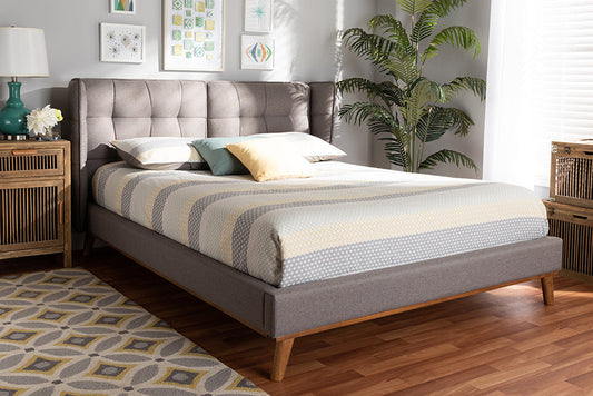 Baxton Studio Gretchen Modern and Contemporary Grey Fabric Upholstered and Walnut Brown Finished Wood Queen Size Platform Wingback Bed