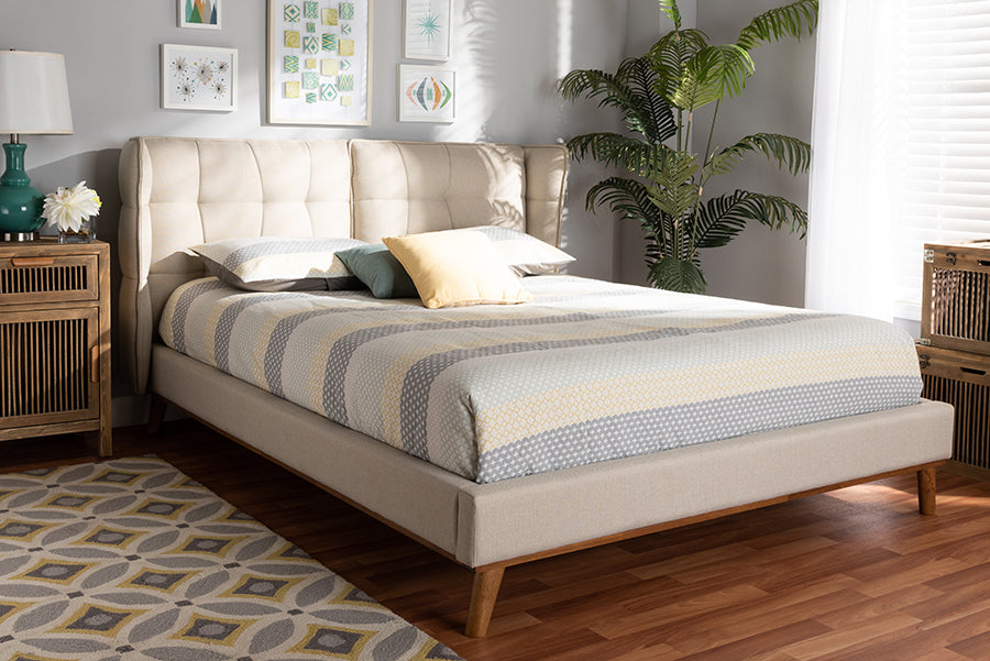Baxton Studio Gretchen Modern and Contemporary Light Beige Fabric Upholstered and Walnut Brown Finished Wood Queen Size Platform Wingback Bed