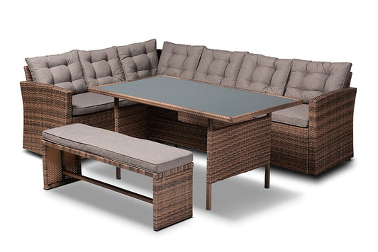Baxton Studio Angela Modern and Contemporary Grey Fabric Upholstered and Brown Finished 4-Piece Woven Rattan Outdoor Patio Set