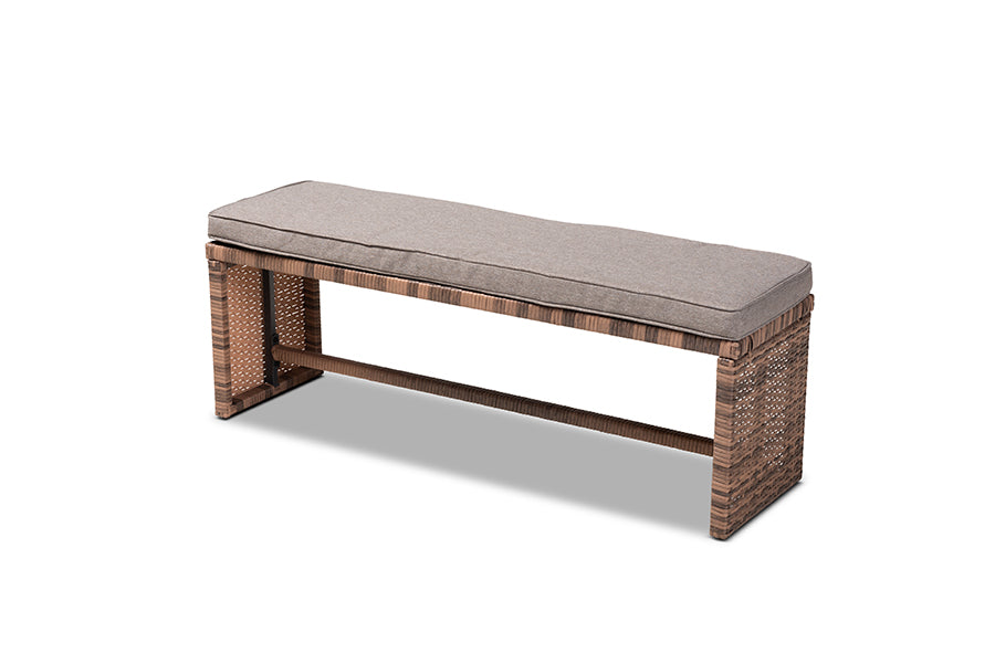 Baxton Studio Angela Modern and Contemporary Grey Fabric Upholstered and Brown Finished 4-Piece Woven Rattan Outdoor Patio Set