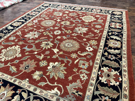 Indian Mahal Rug 8x10, Room Sized Wool Handmade Vintage Carpet, Red and Black, Floral, Flatweave Mahal Sultanabad Rug