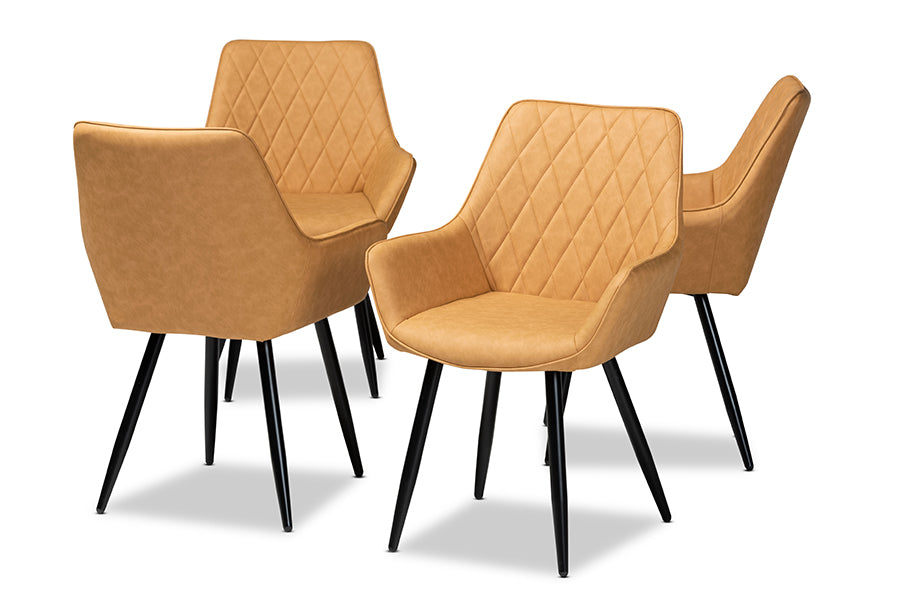 Baxton Studio Astrid Mid-Century Contemporary Tan Faux Leather Upholstered and Black Metal 4-Piece Dining Chair Set