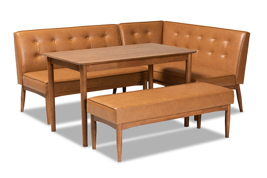 Baxton Studio Arvid Mid-Century Modern Tan Faux Leather Upholstered and Walnut Brown Finished Wood 4-Piece Dining Nook Set