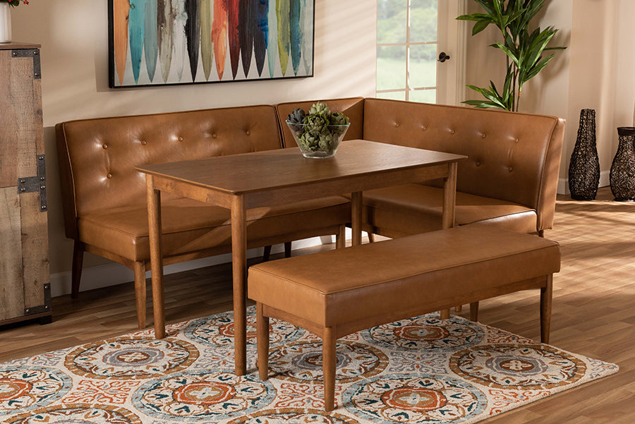Baxton Studio Arvid Mid-Century Modern Tan Faux Leather Upholstered and Walnut Brown Finished Wood 4-Piece Dining Nook Set
