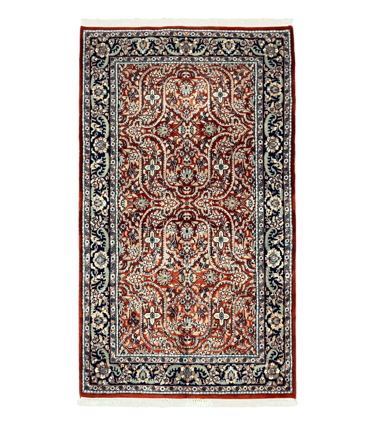 Indo Persian Rug 4x7, Allover Floral Oriental Carpet, Red and Navy Blue, Hand Knotted Indian Kashmiri Traditional Vintage Area Rug 4 x 7 ft