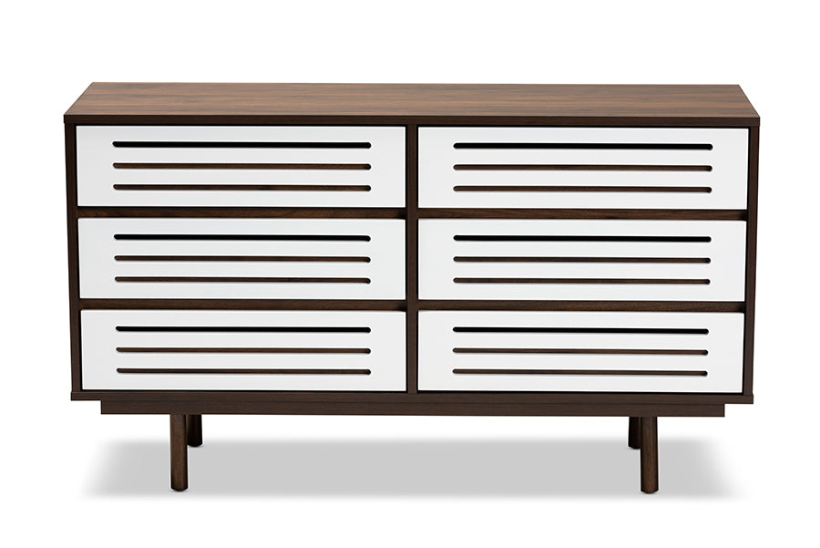 Baxton Studio Meike Mid-Century Modern Two-Tone Walnut Brown and White Finished Wood 6-Drawer Dresser