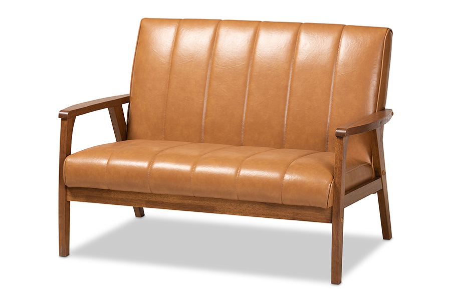 Baxton Studio Nikko Mid-century Modern Tan Faux Leather Upholstered and Walnut Brown finished Wood 3-Piece Living Room Set