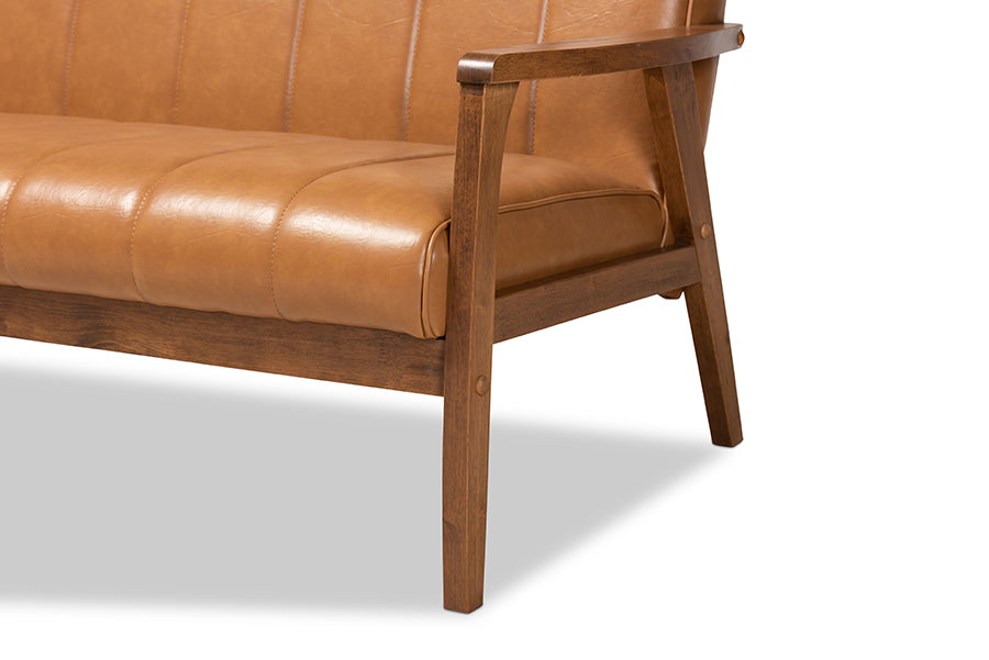 Baxton Studio Nikko Mid-century Modern Tan Faux Leather Upholstered and Walnut Brown finished Wood 3-Piece Living Room Set