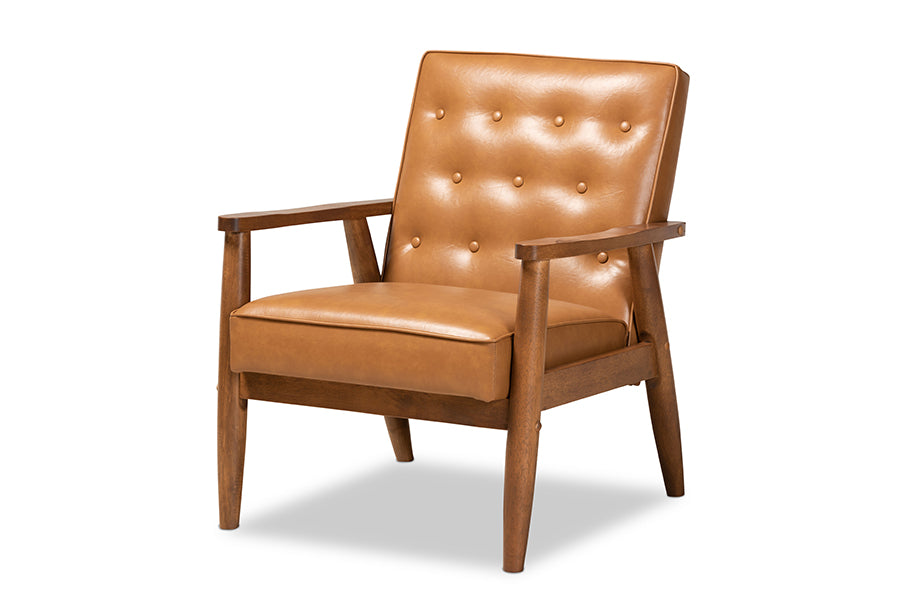 Baxton Studio Sorrento Mid-Century Modern Tan Faux Leather Upholstered and Walnut Brown Finished Wood Lounge Chair