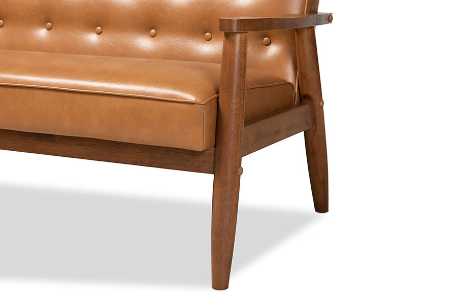 Baxton Studio Sorrento Mid-Century Modern Tan Faux Leather Upholstered and Walnut Brown Finished Wood 3-Piece Living Room Set