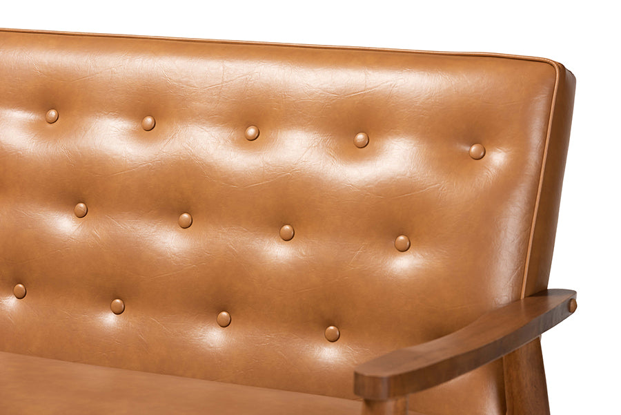 Baxton Studio Sorrento Mid-Century Modern Tan Faux Leather Upholstered and Walnut Brown Finished Wood Sofa